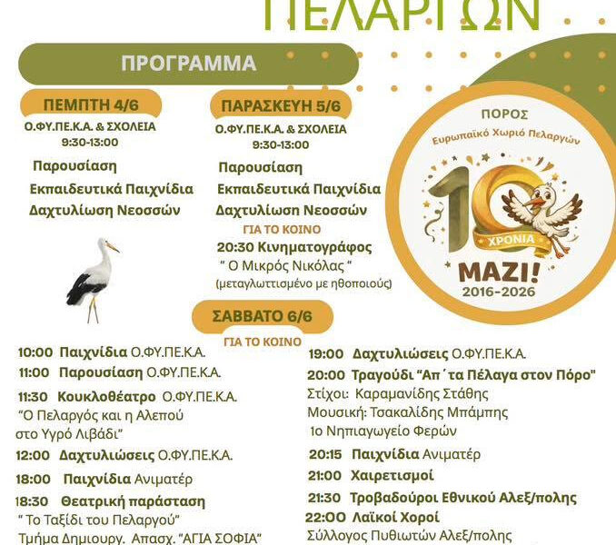 Έβρος – 9ο Φεστιβάλ Πελαργών στον Πόρο για τα 10 χρόνια ως Ευρωπαϊκό Χωριό Πελαργών – 2026
