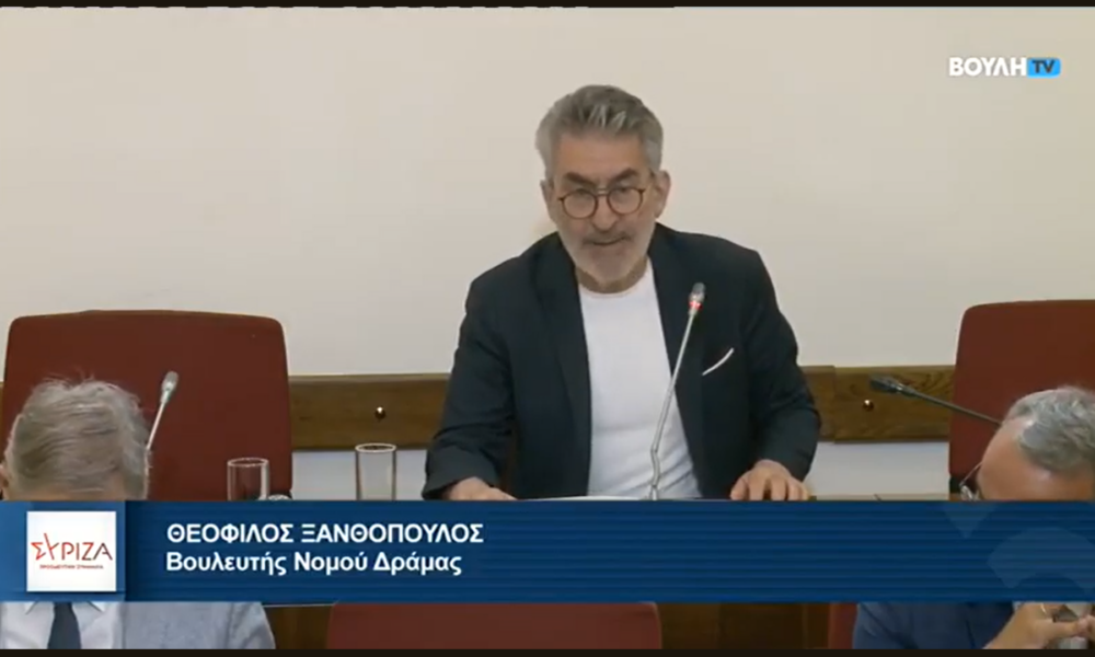 Ο βουλευτής Δράμας Θεόφιλος Ξανθόπουλος κατά την παρέμβασή του στη Βουλή για τη σιδηροδρομική σύνδεση της Δράμας.